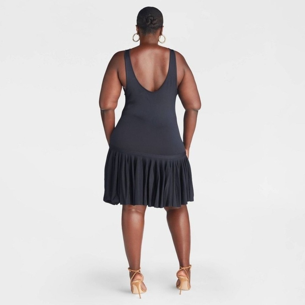 Medium KBB by Kahlana Barfield Brown Navy Blue Pleated Drop Waist Dress NWT - Picture 4 of 8